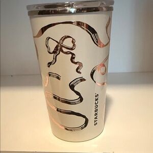 Starbucks Cream Tumbler with Gold Ribbon Design